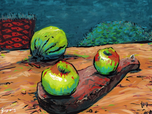 Two apples and one melon await their demise // 30 x 20 cm // gouache on paper // 2022 // 1077 views