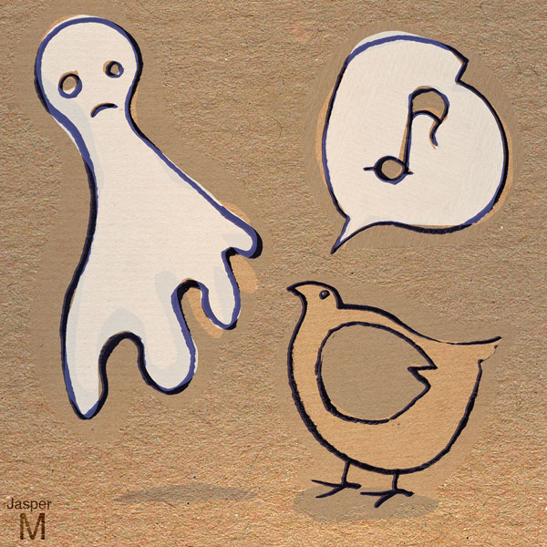 Fat bird chases ghost away // 1:1 // pen on brown paper plus digital scissors // 2022 // 1617 views