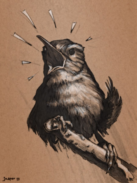 Little bird sings passive-aggressive song // 20 x 20 cm // pencil and pen on toned paper // 2024 // 24 views