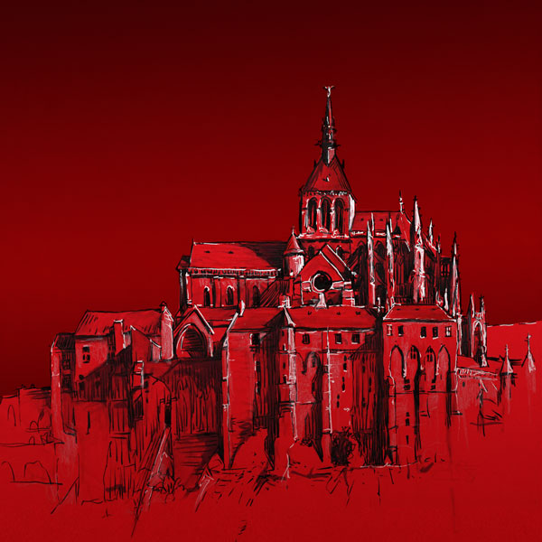 Saint Michel en rouge // 20 x 20 cm // pen on red paper plus dramatic digital gradients // 2024 // 14 views