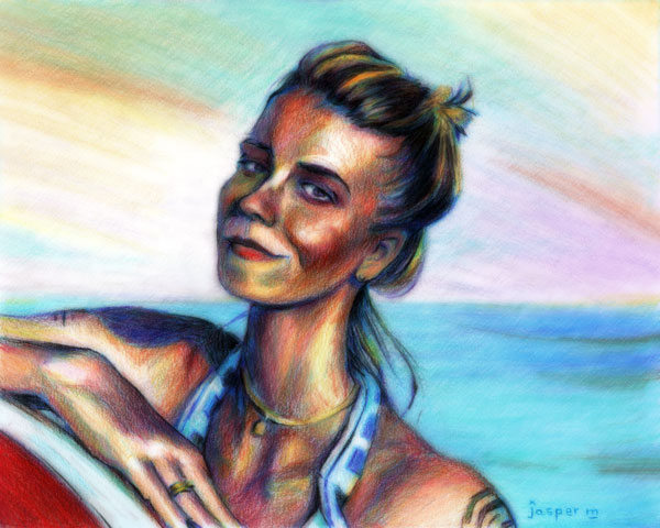 Surfer girl casually ignores scenic ocean sunset somewhere behind her // 25 x 20 cm // colored pencil on paper // 2024 // 989 views