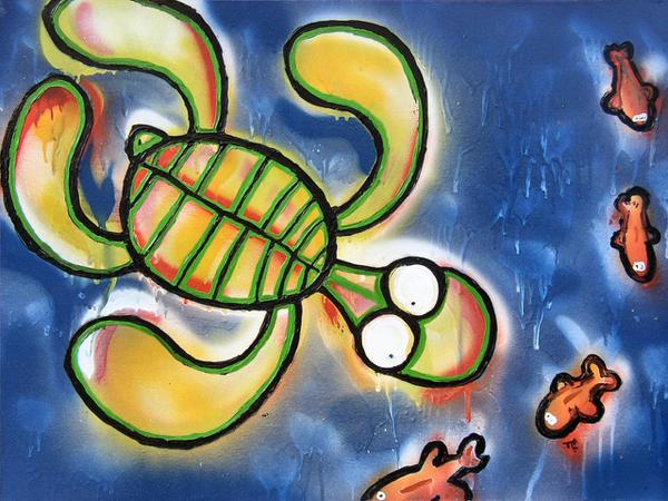 Sea turtle meets fish // 70 x 50 cm // graffiti and acryllic paint on panel // 2005 // 9001 views